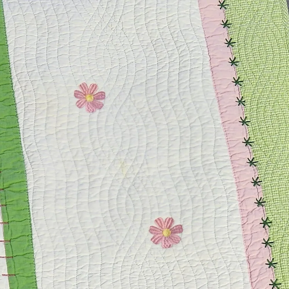 Lime Green Pink Floral Twin Size Quilt 100% Cotton Bedspread Striped Embroidered